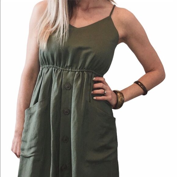 NWT THEKORNER Khaki Green Linen Long Blend Dress - Picture 9 of 10
